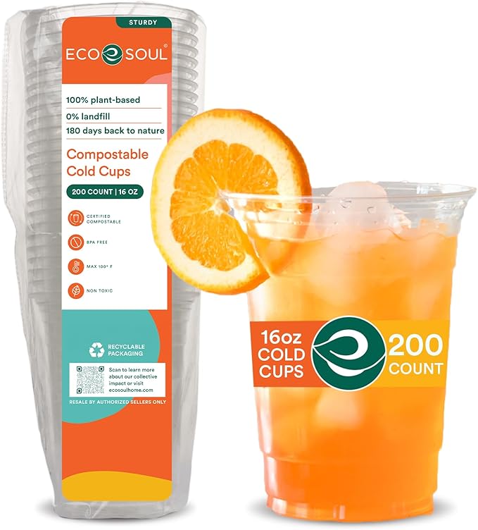 ECO SOUL 100% Compostable, Disposable Party Cups | Eco-friendly Party Cups | (200 Count, 16 oz Cold Cups)