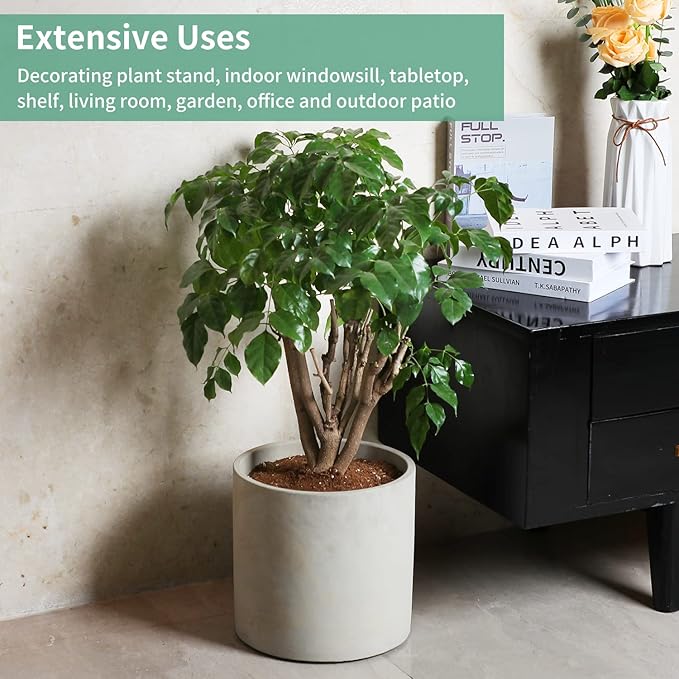 Mozing Cement Plant Pots Indoor - 14 inch Concrete Planter Pot for Planting - Modern Stone Clay Flower Pot with Drainage Hole for Garden, Home, Office Decor, Grey