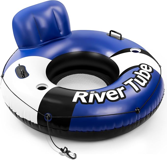 2025 New & Upgraded River Tubes for Floating Heavy Duty, Inflatable Float for Beach Lake Rafting, Fool Floats with Mesh Bottom, Cup Holder, Backrest