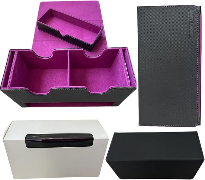 Card Deck Box for mtg – Fits 100+ Double-Sleeved Cards, Dual Commander Display with Dice Tray, PU Leather Organizer for TCG, CCG, Sports Cards (Black&Purple)