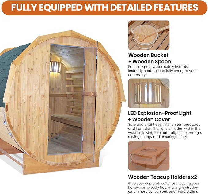Outdoor Traditional Steam Sauna Barrel Sauna, 4 Person Outdoor Sauna 4.5KW/240V Stove Heater, Finnish Carbonized Spruce with Wooden Barrel, Spoon, Sauna Stone, LED Light - 59 * 70.9 * 75.9 in