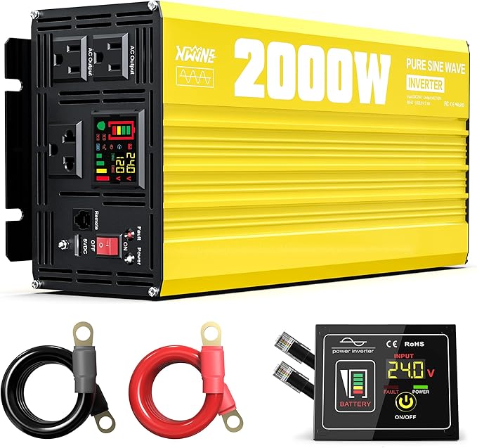 XWJNE 2000W Pure Sine Wave Power Inverter 24V DC to 120V AC Converter with LED Display and Remote Controller for Home, RV, Truck, Off-Grid Solar Power