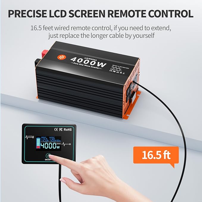 4000W Pure Sine Wave Power Inverter 12V DC to 110V AC Converter Peak Power 8000W for RV Truck Off-Grid Solar Car Inverter with 4 AC Outlets, 2 USB & 1 Type-C Ports, Hardwire Kit, Remote Controller