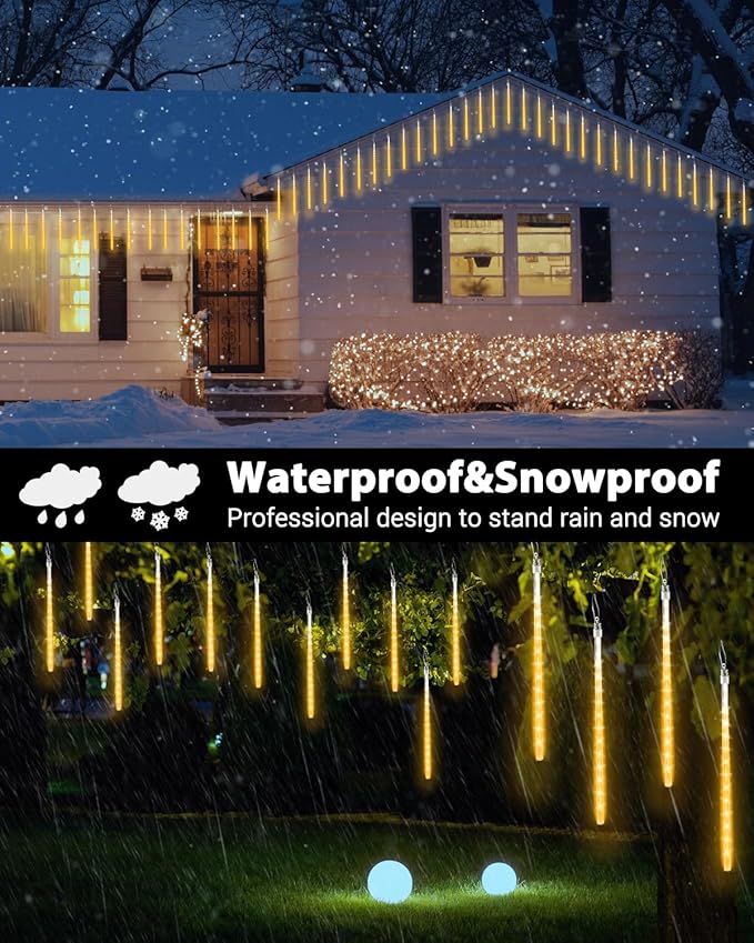 Flacchi Warm White 10 Tubes 240 LED Raindrop Meteor Shower Icicle Lights with Timer Function Cascading Falling Rain Lights for Holiday Party Christmas Decorations