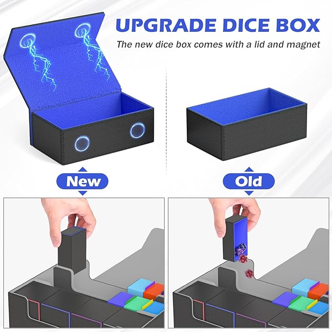 Card Storage Box 3000+ MTG Deck Box with Game Mat and 8 Divider Tabs, 3 Row Commander Trading Card Cases with Dice Tray, Commander Deck Case for TCG, CCG, YuGiOh and Sport Card (Black & Blue)