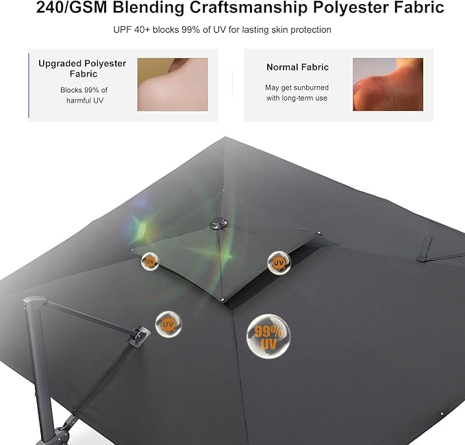 PURPLE LEAF 10 FT Cantilever Patio Umbrella Outdoor Umbrella with 220lbs Base Large Square Windproof Offset Umbrella for Pool Deck Garden, Graphite Grey
