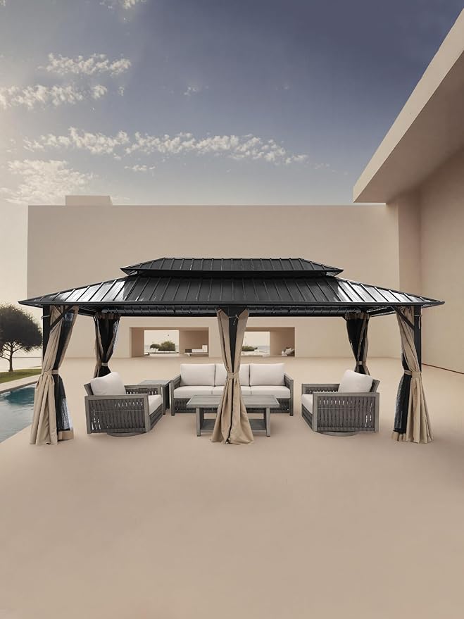 12' x 20' Hardtop Gazebo, Outdoor Patio Gazebo, Aluminum Frame Patio Hardtop Gazebos with Netting and Curtain, Outdoor Patio Pergola with Double Steel Roofs for Deck, Lawns, Parties, Sandstone