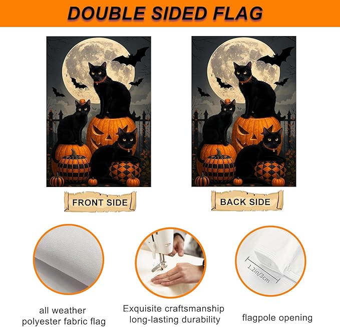 IVN Happy Halloween Garden Flag 12x18 Inch Double Sided Black Cat Pumpkin Bat Full Moon Gothic Graveyard Outdoor Yard Flag for Outside Front Door Lawn Porch Patio Welcome Decor