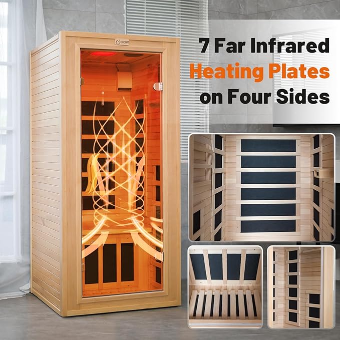 Infrared Sauna 1 Person 7 Heating Panels Hemlock Wooden Home Sauna 1350W, Dry Sauna for Home Spa Room, Time Temp Pre-Set Sauna Room, Mini Personal Far Infrared Saunas for Home