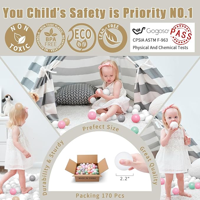 GOGOSO Ball Pit Balls Crush Proof Non-Toxic Plastic Balls Babies Kids Toy Bulk Pack 170pcs 2.2inchs