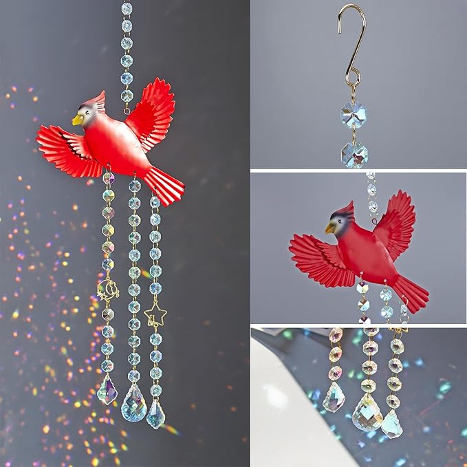 Red Cardinal Crystal Sun Catcher-Stained Glass Window Hanging Ornament with Rainbow Prism, Memorial Gift for Women, Handmade Bird Decor for Home Garden, Christmas Valentine Gift for mom(Red B)
