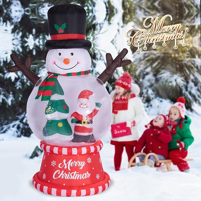 8 Ft Height Christmas Inflatables Snowman Globes with Christmas Tree and Santa Claus Decorations, Inflatables Snowman Globe Blow up with Built-in LED Lights for Party Outdoor Yard