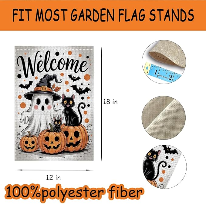HTBIG Halloween Welcome Garden Flag, Halloween Ghost Pumpkin Black Cat Decor Flag, Yard Flags for Outside 12x18 inch, Outside Yard for Home Decorations
