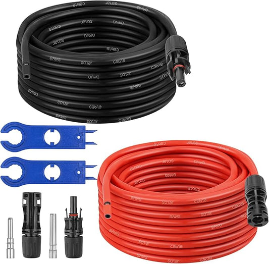 XRDS -RF Solar Extension Cable 8AWG, 30FT Red & Black Solar Panel Wire with Solar Connectors, PV Wire with Disconnect Wrenches & Extra Male/Female Connectors for RV, Camper, Inverter, Off-Grid System