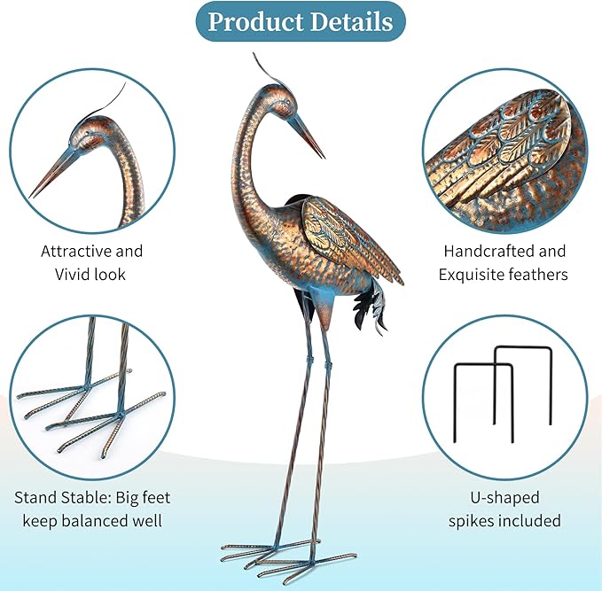 chisheen Garden Crane Statues Blue Heron Metal Yard Art Outdoor Decoration,Large Sculptures for Lawn Patio Porch,39-44 inch,Set of 2