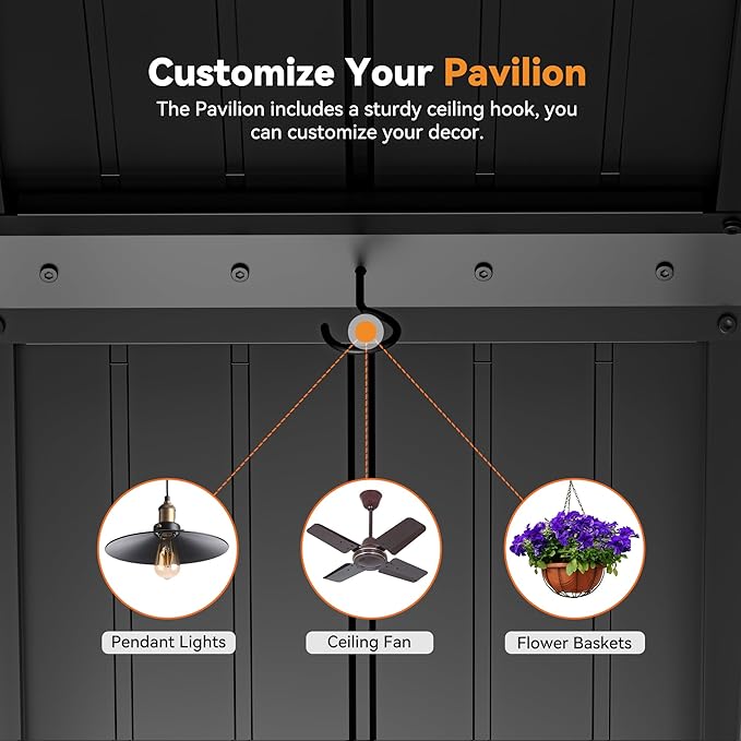 Modern Shade The Horizon Permanent Hardtop Gazebo 12' x 24' with 4 LED Lights, Outdoor Gazebo w/Galvanized Steel Double Roof, Patio Pavilion w/Decor Hooks, Mosquito Netting and Curtains, Wood-Looking