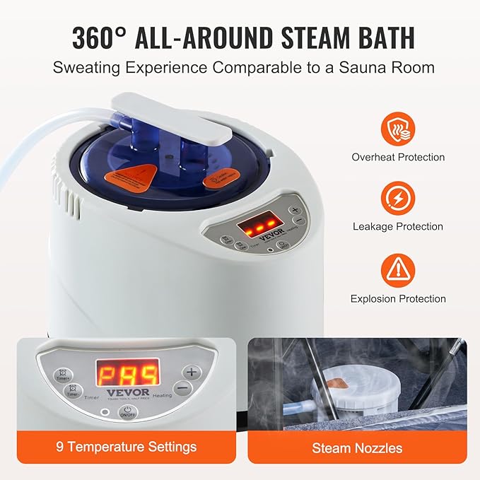 VEVOR Portable Steam Sauna Tent Full Size, 1200W with Visible Window, Personal Sauna Blanket Kit for Home Spa,Heated Body Therapy,Time&Temperature Remote Control with Chair,Black, 2.9’x 2.9’x 5.2’