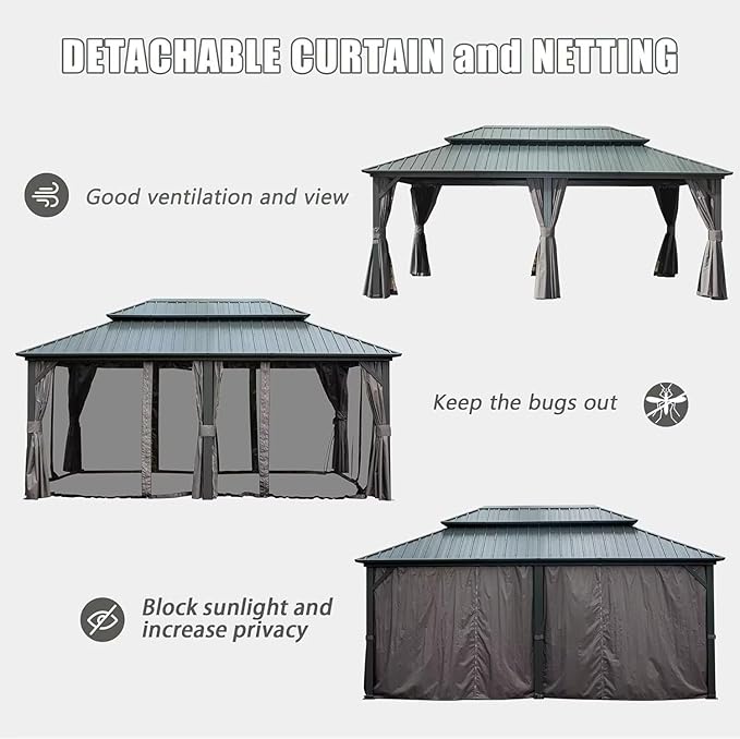 Domi 12’ X 20’ Hardtop Gazebo Canopy with Netting & Curtains, Outdoor Metal Gazebo with Galvanized Steel Double Roof for Patio Lawn and Garden, Gray