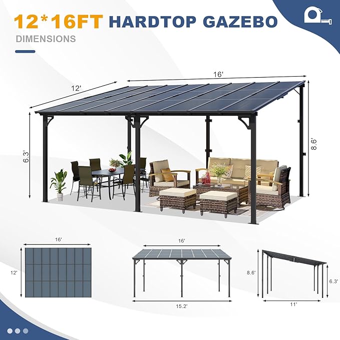 MEISSALIVVE 12' x 16' Wall Mounted Lean to Metal Awning with Sloped Roof for Outdoor Patio Backyard & Deck - Black