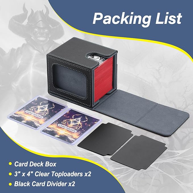 MTG Deck Box, Double Display Window MTG, Commander Deck Box Fits 120+ Single Sleeved Cards, PU Leather Magnetic Closure Card Box with 2 Dividers&2 Toploaders for TCG, CCG, Black/Grey