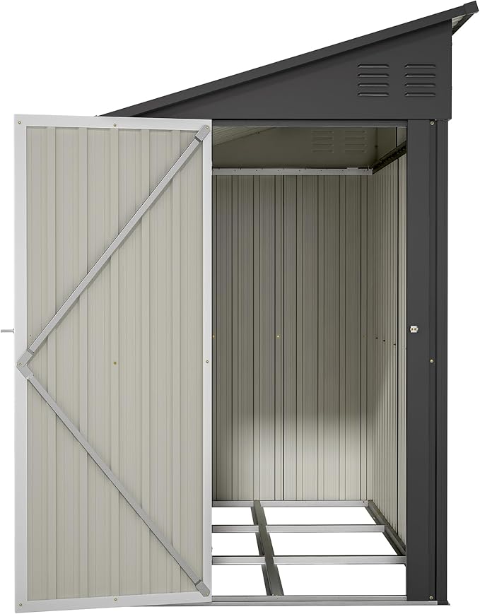 4×8 Ft Lean to Shed with Floor, Metal Outdoor Storage Shed, 0.25mm Galvanized Steel Metal Garden Shed Waterproof with Lockable Door for Backyard, Patio, Garden, Black
