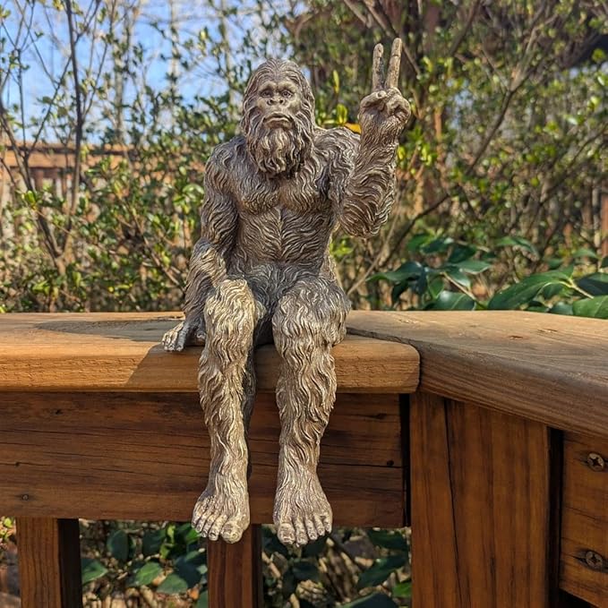John Bernard & Company Bigfoot Peace Sign Decorative Sasquatch Yeti Statue/Figurine Indoor/Outdoor Sculpture for Patio, Deck, Home, Office 10 in H Shelf Sitter Figurine (Stonewash)