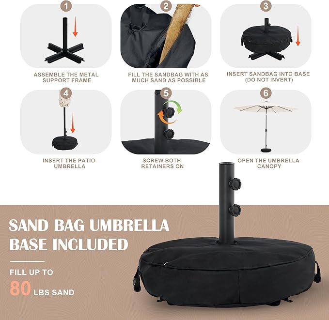 Sundale Outdoor 11 ft Patio Umbrella with Sand Bag Umbrella Base Included, Outdoor Umbrella with Tilt and Crank, Beige