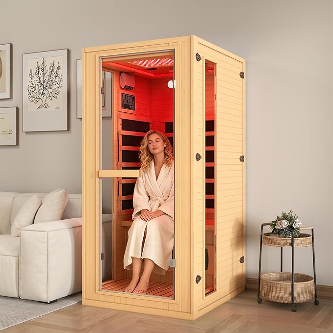 1 Person Infrared Sauna with Red Light Therapy, Full Spectrum Sauna for Home, Indoor Dry Saunas with Rapid Heating 4 Carbon Panels&1 Carbon Tube, Oxygen Bar and 7 Color Therapy Lights, 110V