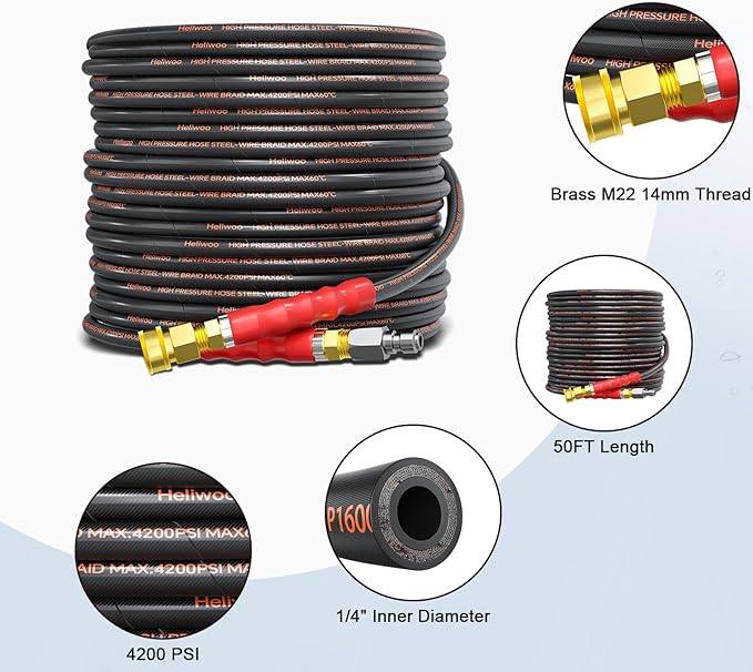Pressure Washer Hose 50FT, 4200PSI Wire Braid Power Washer Extension Hose 1/4 Inch High Tensile, Flexible Kink Resistant Heavy Duty Replacement Hose with 3/8 Quick Connect