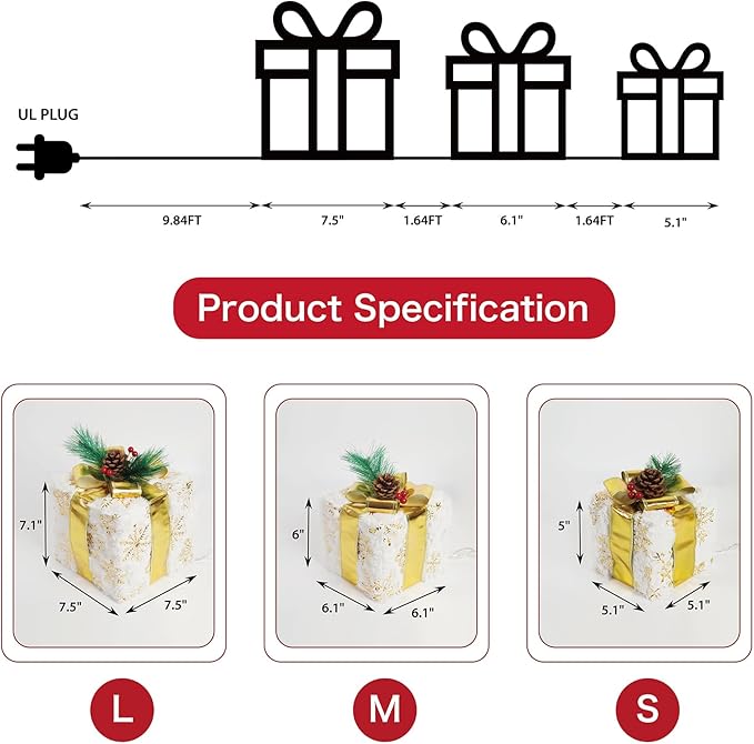 Set of 3 Christmas Lighted Gift Boxes, 60 LED Light Up Present Boxes for Christmas Decorations Indoor Xmas Tree Holiday Party Porch Home Decor (Gold Bow)