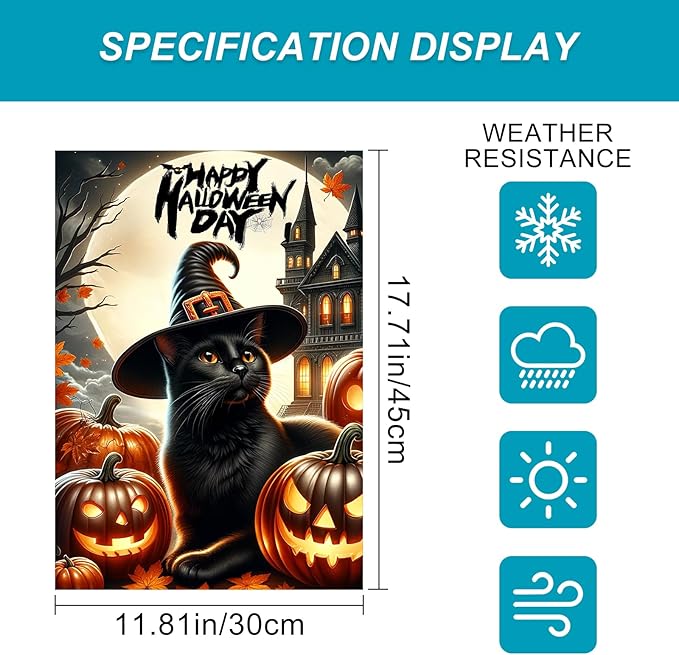 Happy Halloween Day Garden Flag Black Cat Flag Witch Hat Pumpkins 12x18 Inch Double Sided Spooky Outdoor Yard Decor House Banner Porch Lawn Patio Home Decoration