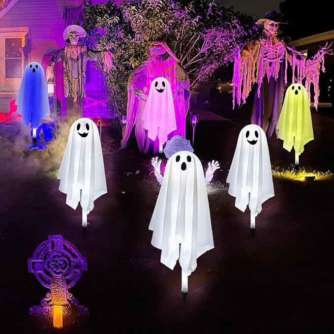 Halloween Ghost Pathway Lights with Stakes, 6PCS Solar Light Ghost Decorations, Waterproof Outdoor Lights for Yard, Lawn, Driveway, Halloween Decor (White)