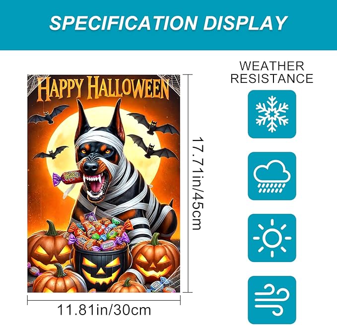Happy Halloween Garden Flag 12x18 Inch Doberman Mummy Dog Decorative Yard Flag Double Sided Halloween Outdoor Decor Trick or Treat Candy Banner