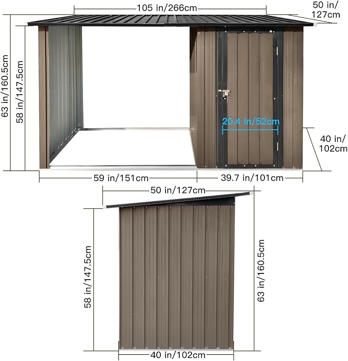 Firewood Rack Outdoor Metal Storage Shed,Two-in-one Function with Sloped Roof and Open Woodshed Design,Tall Door w/a Latch,Waterproof Building Organizer,for Motorcycle,Bicycles,Black+Brown