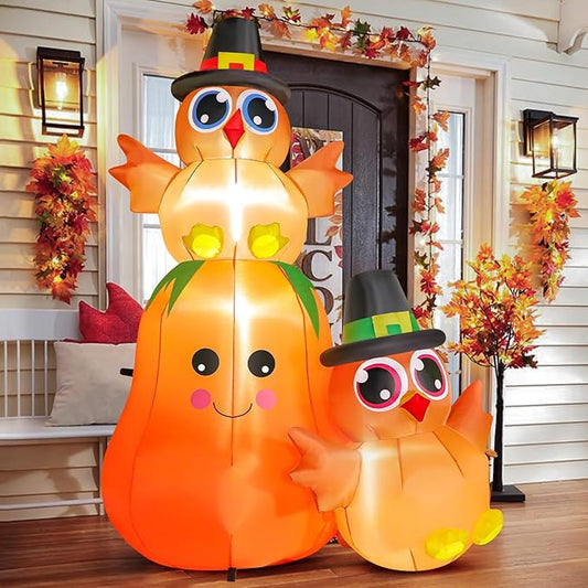 FunFanso 5FT Thanksgiving Inflatable Turkey on Pumpkin Outdoor Decoration, Lovely Blow Up Turkey with Built-in LED Lights for Garden Lawn Yard Home Party Decor, Powerful Blower for Fast Inflation