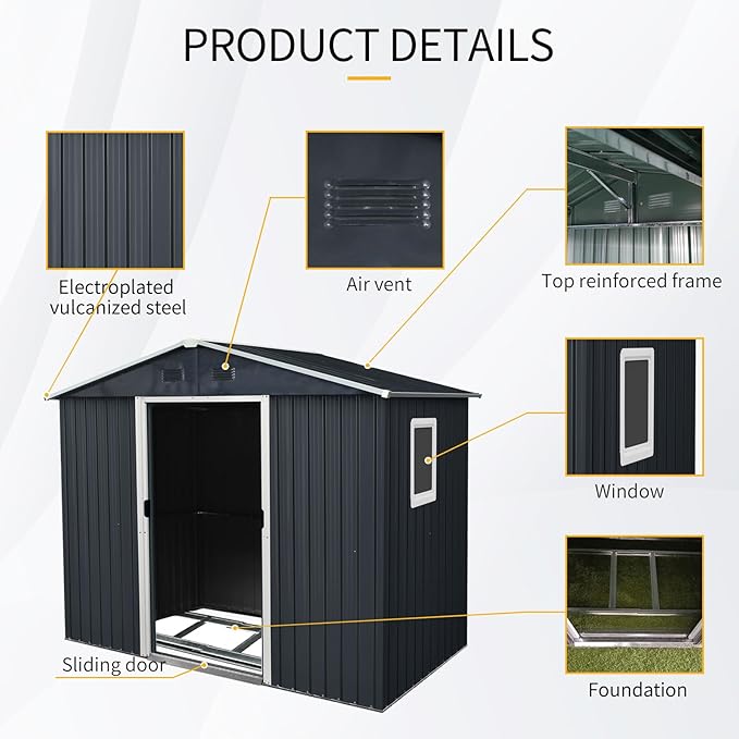 8x4 ft Outdoor Metal Storage Shed with Floor Foundation and Window, Lockable Galvanized Steel Tool Shed with Sliding Door and Air Vent, Waterproof Garden Storage House for Backyard, Patio