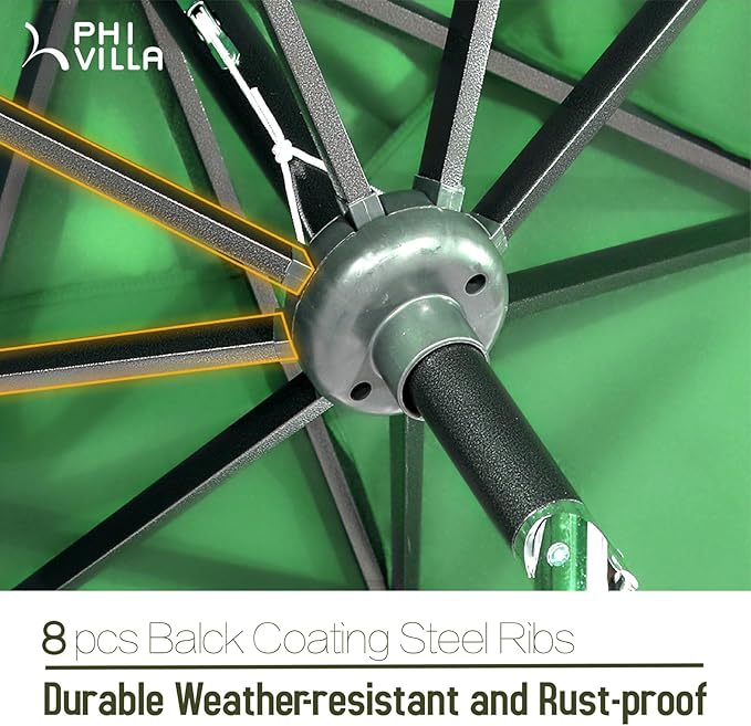 PHI VILLA 9ft Patio Umbrellas with 24 pcs LED Solar Lights, Outdoor Market Table Lighted Umbrella with 8 Steel Ribs, Tilt for UV-Resistant, Lotus Leaf Shape Canopy, Green