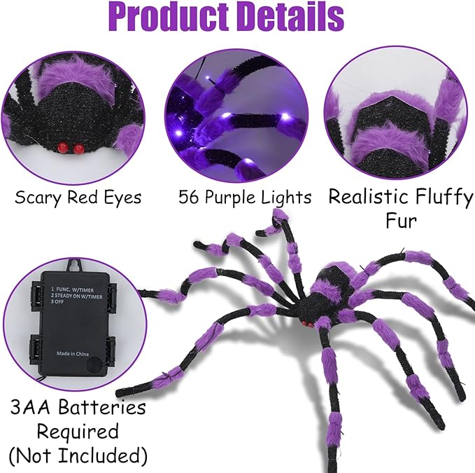 Giant Spider Halloween Decorations, 60” Large Black Hairy Scary Virtual Realistic Spider with 56 LED Purple Lights Red Eyes Timer for Spiderweb Indoor Outdoor Yard Party Halloween Decor