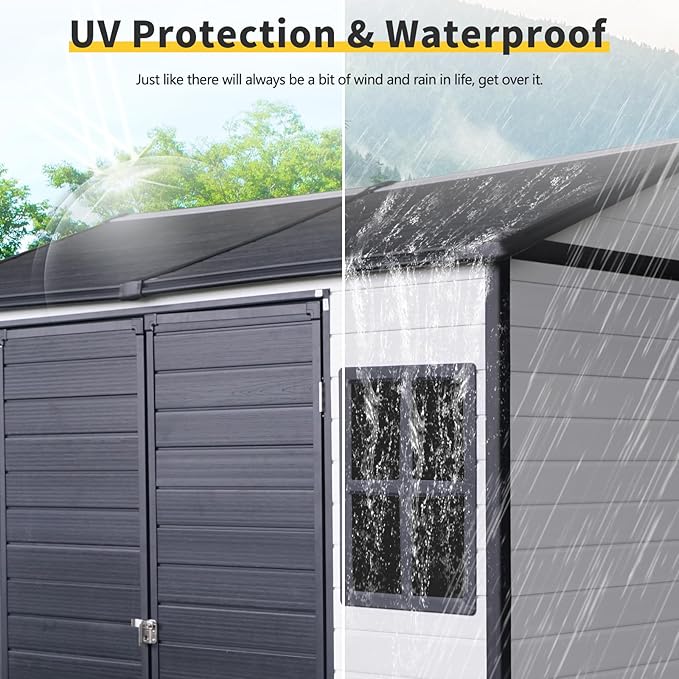 8x6 FT Resin Outdoor Storage Shed with Floor, Windows & Lockable Doors Waterproof All-Weather Garden Shed for Backyard, Patio, and Lawn Equipment Storage, White