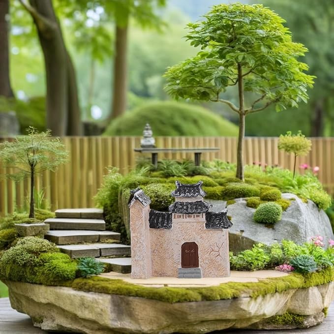 DECHOUS 10Pcs Miniature Village House: Resin Miniature Fairy Garden Houses with Chinese Stone Lion Statue - Micro Landscape Cottage Ornaments Kit for DIY Garden Bonsai Terrarium