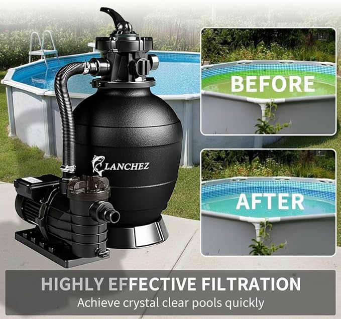 LANCHEZ 13" Sand Filter Pump for Above Ground Pool, 3/4 HP, Max 3500 GPH for Pools Up to 11000GAL, 6-Way Valve Pool Sand Filter System with Strainer Basket, Enhanced Circulation for Crystal-Clear Pool