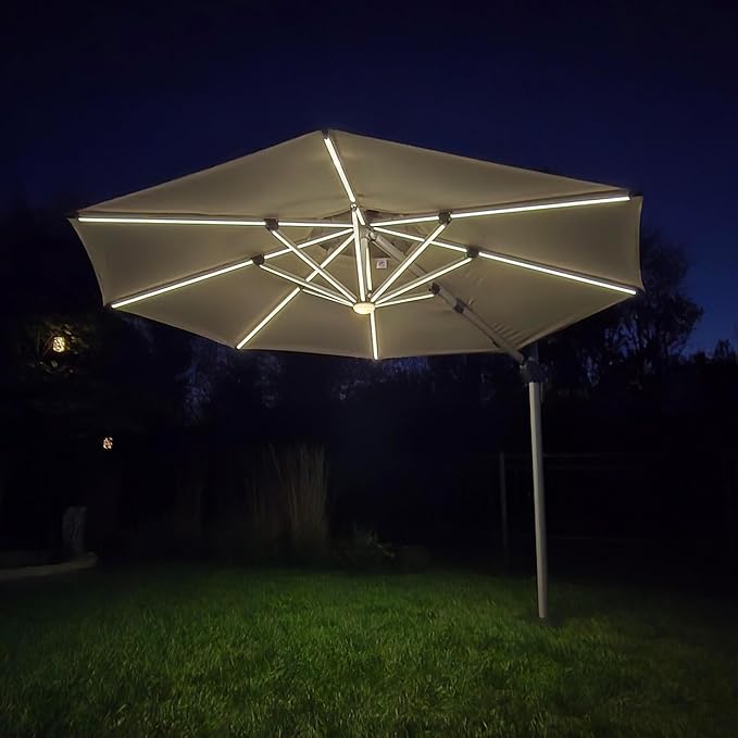 PURPLE LEAF 12ft Solar powered LED Patio Umbrella Outdoor Round Umbrellas Large Cantilever Umbrellas with LED lights Windproof Offset Umbrella Heavy Duty Sun Umbrella for Garden Deck Pool Patio, Beige