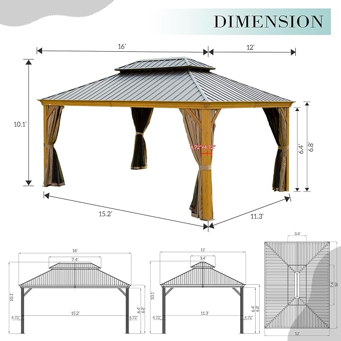 Domi Outdoor Living 12’x16’ Hardtop Gazebo, Wooden Coated Aluminum Frame Canopy with Galvanized Steel Double Roof, Outdoor Permanent Metal Pavilion with Curtains and Netting for Patio, Deck and Lawn