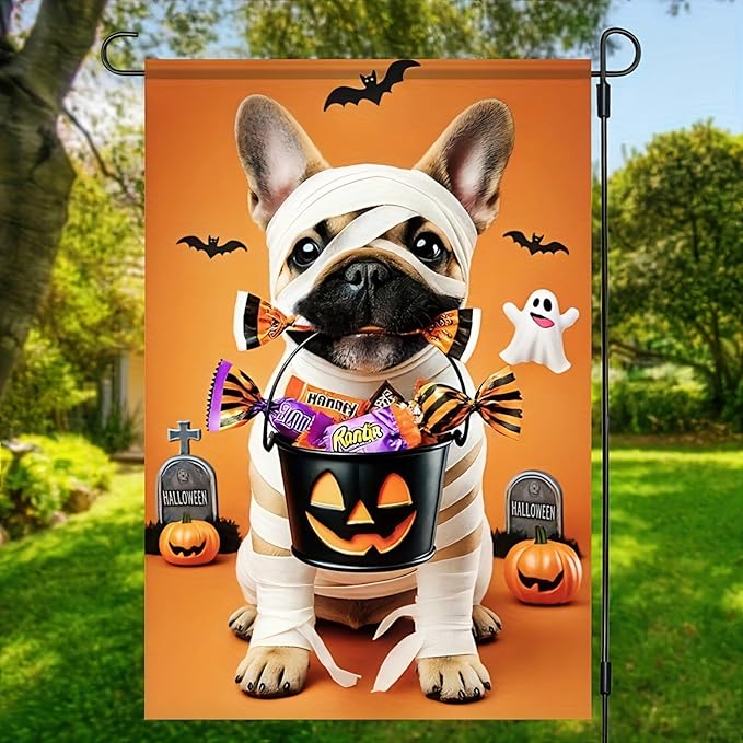 Halloween Decorations Outdoor Garden Flag 12x18 Inch Double Sided French Bulldog Dog Pumpkin Ghost Fall Decor Yard Lawn Porch Patio Halloween Garden Flags