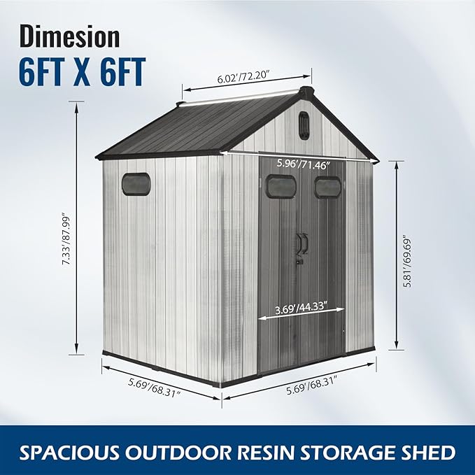 Domi 6×6ft Outdoor Resin Storage Shed - 212+ Cubic Ft Weatherproof Double-Wall Yard Shed with Skylight, Lockable Door and Carpet, Heavy-Duty Steel Frame Storage Building for Lawn Mower, Bike, Tools