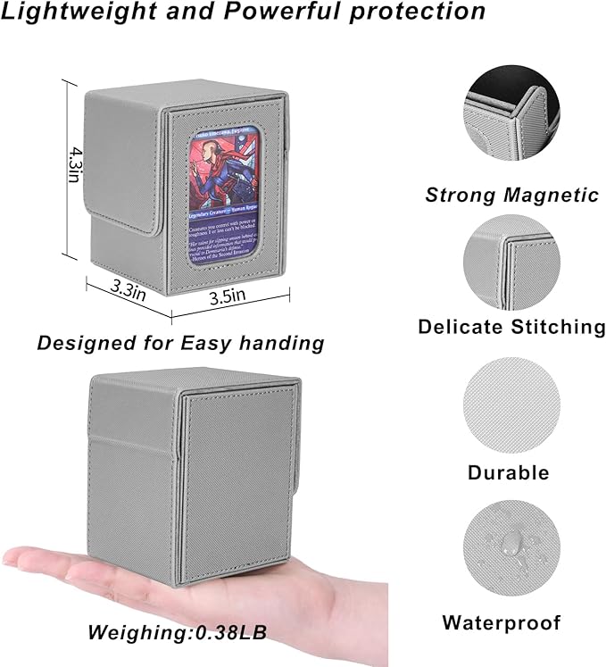 AFIING MTG Deck Box for Commander Display,Card Deck Box Fits 100 Double Sleeved Cards, Magic Commander TCG Card Storage Box with 2 Dividers,Drawstring Bag and 1 Toploader(Silver/grey)