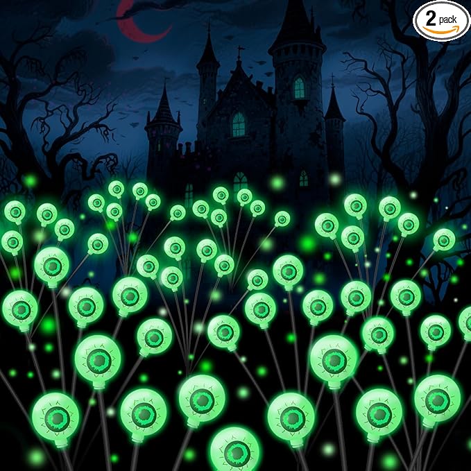 VOTTGO Halloween Solar Lights Outdoor, 8 Pack 48LED Scary Solar Eyeball Pathway Lights, 2 Modes Waterproof Swaying Solar Firefly Lights for Garden Yard Pathway Halloween Decorations, Green