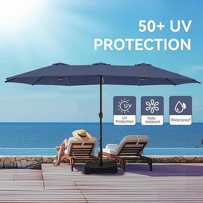 GREEN PARTY 15 ft Rectangle Patio Umbrella with Base Included, Double-Sided Table Umbrella with Crank, Large Outdoor Umbrellas for Patio Poolside Garden Backyard, Navy Blue