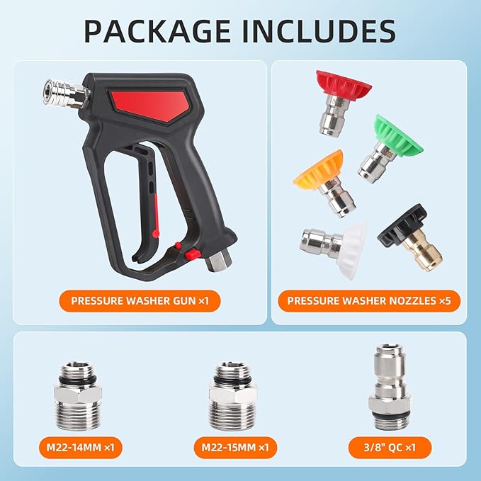 Pressure Washer Short Gun with Swivel, 5000 PSI/10.5 GPM High Power Washer Gun with 5 Nozzle Tips, 3/8'' Quick Connect and M22-14mm and M22-15 mm Fitting