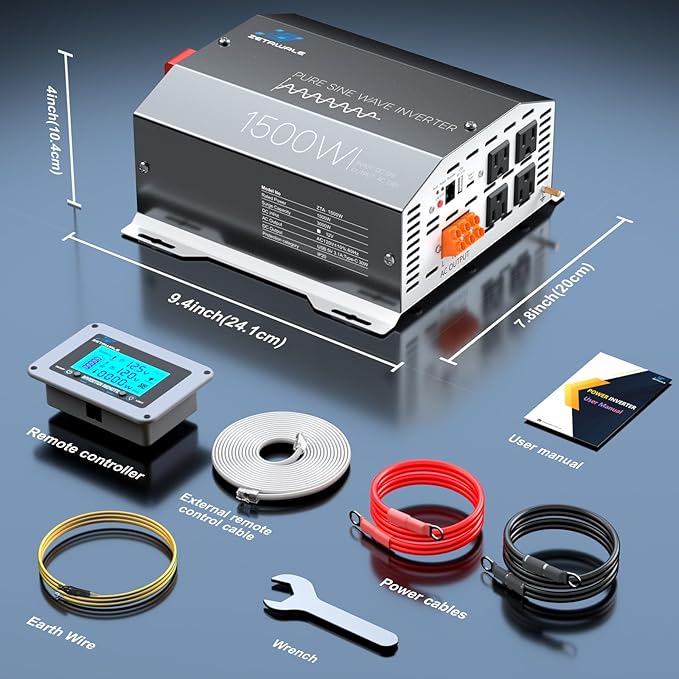 1500 Watt Pure Sine Wave Inverter 12v DC to 110v 120v AC Converter,3000W Peak Power Inverter with 4 AC Outlets,USB Port,Type-C,Remote Control LCD Display for Truck, RV, Vehicles, Solar Off-Grid